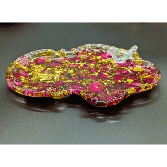 Handcrafted Resin Trinket Tray With Gold Foil Dried Roses & Bird Accent - Picture 2 of 5